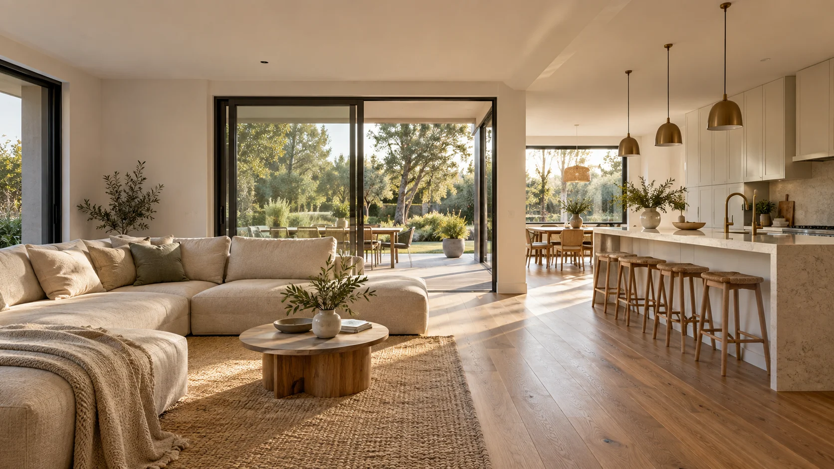 Sunlit living room with a linen sofa, oak flooring, and an open white kitchen